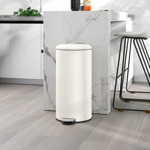 Rootz Trash Can 30L - Pedal Bin - Stain Resistant Bin - Hands-Free Use - 36cm x 30cm x 63.5cm - White