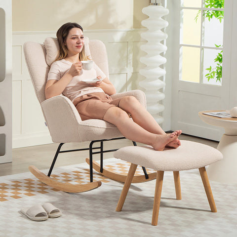 Rootz Rocking Chair with Footstool - Glider Chair - Fleece-Lined Lounge Chair - High Backrest Comfort - Pink- 70.5cm x 101.5cm x 99.5cm