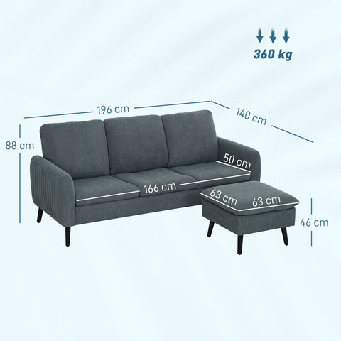 Rootz Corner Sofa with Footstool - L-Shaped Couch - 3-Seater Sofa - Dense Foam Padding - 196cm x 140cm x 88cm