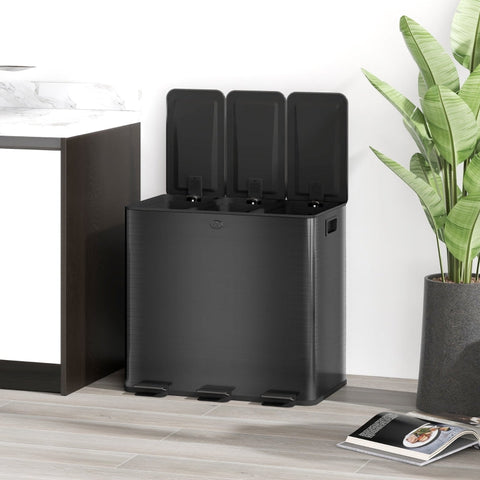 Rootz Triple Recycling Bin - Kitchen Trash Can - Waste Separation - Odor-Free - Stainless Steel - 61.9cm x 36.6cm x 43.2cm
