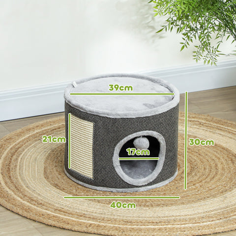 Rootz Cat Cave - 2 Tier Cat House - Plush Cushion - Sisal Scratching - Soft & Cozy Retreat - Ø40 x 30H cm - Grey