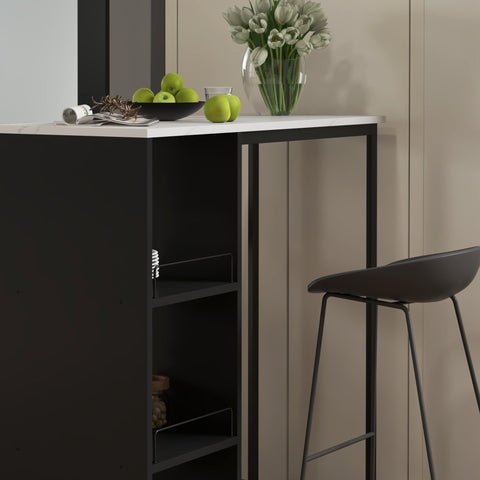Rootz Bar High Table - Kitchen Table - Bar Table - Space-Saving Design - 105 x 40 x 105 cm - White Marble Look Top, Black Steel Frame