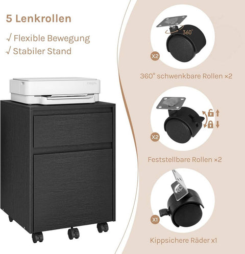 Rootz Roll Container - File Cabinet - Printer Cabinet - Secure Storage - Black - 40x56x40cm