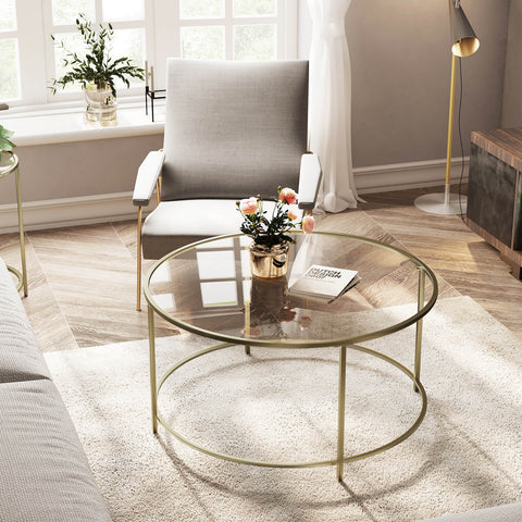 Rootz Gold Frame Glass Coffee Table - Stylish Accent Table - Retro Look - Iron and Tempered Glass - 84cm x 84cm x 45.5cm