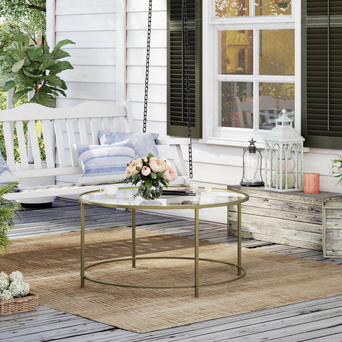 Rootz Gold Frame Glass Coffee Table - Stylish Accent Table - Retro Look - Iron and Tempered Glass - 84cm x 84cm x 45.5cm