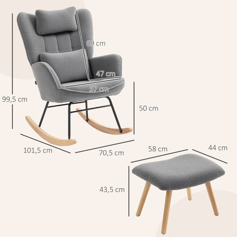 Rootz Rocking Chair with Footstools - Recliner - Nursing Chair - Soft Fleece - Durable Steel & Wood - Grey - 70.5 x 101.5 x 99.5 cm