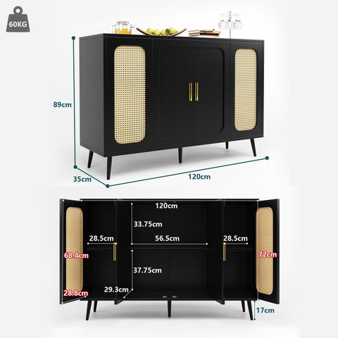 Rootz Buffling Cabinet - Rattan Sideboard - Adjustable Shelf Storage - Modern Design - 120cm x 35cm x 89cm