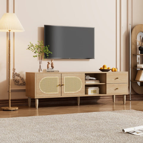 Rootz Oak Effect Rattan TV Cabinet - Entertainment Unit - Media Console - Adjustable Shelves - 150L x 40W x 50H cm