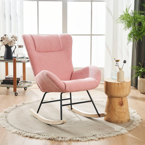 Rootz Pink Teddy Velvet Rocking Chair - Recliner - Lounge Chair - Ergonomic Comfort - 67.5L x 93W x 93H cm