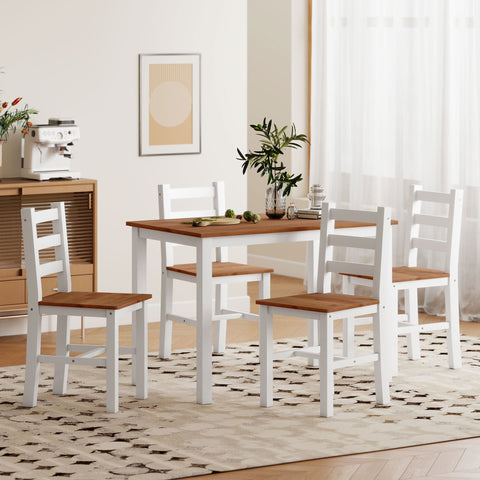 Rootz Dining Group Set - Dining Table - 4 Chairs - Space-Saving - Pine Wood - Brown+White - Table 108cm x 77cm; Chair 42cm x 46cm x 86cm