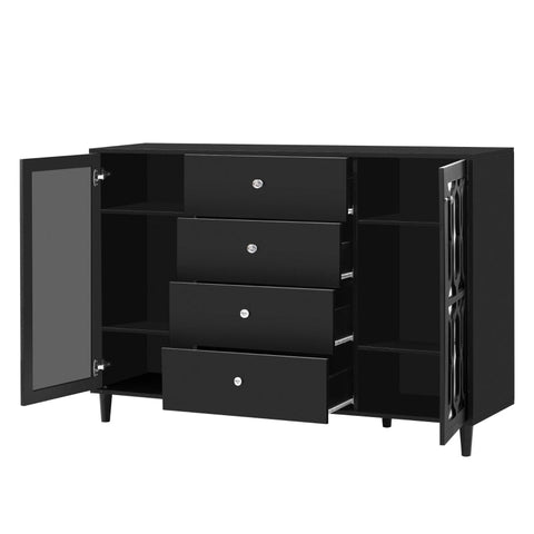 Rootz Black Mirrored Sideboard - Buffet Cabinet - Storage Unit - Crystal Handles - 147.5cm x 40cm x 102cm