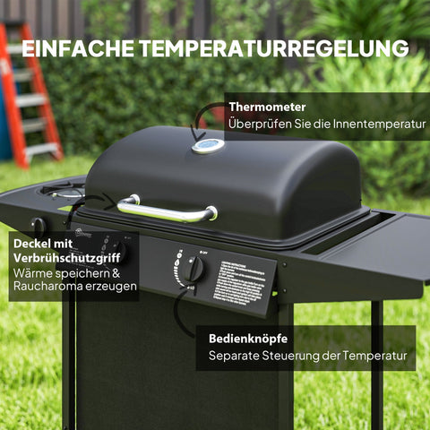 Rootz Gas Grill - BBQ Grill - Outdoor Grill - 3 Burner & Side Cooker - Integrated Thermometer - 107cm x 54cm x 96cm - Black