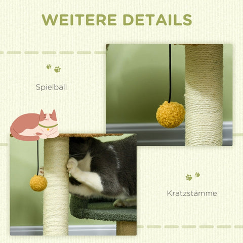 Rootz Small Scratching Post - Cat Scratcher - Feline Play Tower - Ultimate Comfort - Double Beds - Ball Toys - 43W x 39D x 52H cm