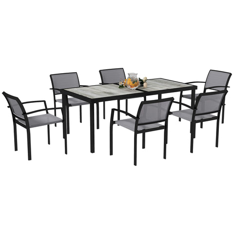 Rootz 7 Piece Eating Set - Garden Dining Set - Outdoor Furniture - Stackable & Easy to Clean - Steel Frame - Table 180x87x72cm, Chairs 55.5x59x80cm, Grey