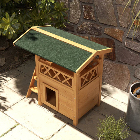 Rootz Cat House - Pet Kennel - Asphalt Roof - 2 Levels - 1 Ladder - Fir Wood - Natural + Green - L77 x W50 x H73 cm