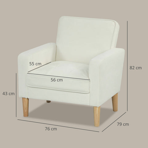 Rootz Upholstery Armchair - Lounge Chair - Velvet Recliner - Comfort Design - 76cm x 79cm x 82cm - White - Rubber Wood Legs