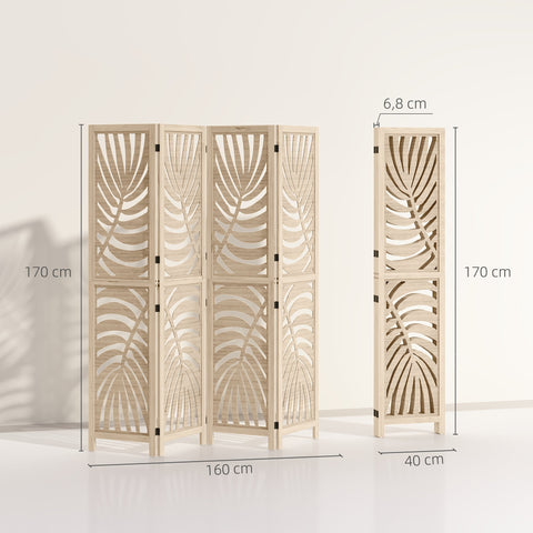 Rootz 4 Panel Paravent - Room Divider - Folding Screen - Privacy Screen - Brown, Elegant Leaf Design, Foldable, 160cm x 170cm