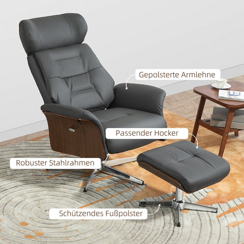 Rootz Relaxation Chair with Stool - Reclining Swivel Chair - Leather Look Armchair - 360° Rotation - 80W x 84D x 108H cm