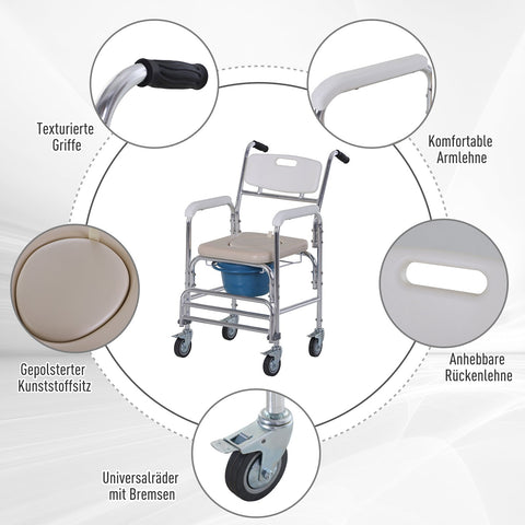 Rootz Commode Wheelchair - Commode Chair - Mobility Aid - Shower Chair - Aluminum Frame - 88 x 54 x 94 cm