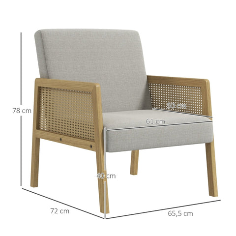 Rootz Accent Chair - Lounge Chair - Relaxing Chair - Rattan Look Armrests - Breathable Fabric - Floor Protectors - 65.5cm x 72cm x 78cm - Natural Wood Frame