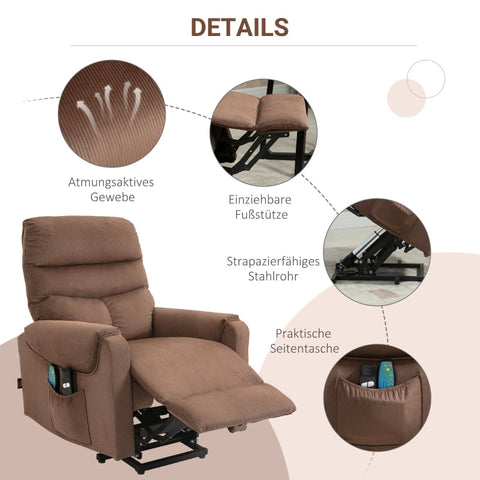 Rootz Power Lifting Chair with Stand-Up Aid - Electric TV Recliner - Vibration Massage - Heating Pads - Brown - 79cm x 97cm x 103cm