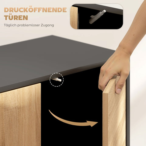 Rootz Sideboard Cabinet - Storage Cupboard, Buffet Console - Push-to-Open, Easy Access, Sturdy Metal Legs - Black & Natural Wood - 60x35x78 cm