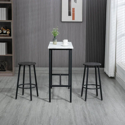 Rootz Bar Set For 2 People - 1 Table With 2 Bar Stools - Table Top In White Marble Look - Steel Frame - White + Black - 100cm x 40cm x 90H cm