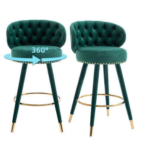 Rootz Velvet Bar Stools - Retro Design - Modern Details - 360° Rotation - Emerald Color - 53cm x 50.5cm x 93cm
