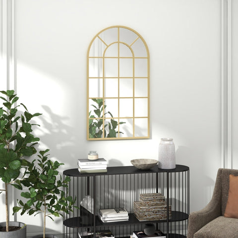 Rootz Gold-Plated Wall Mirror - Decorative Coat Mirror - Arched Window Frame - Visual Enlargement - Shatterproof Glass - 65cm x 2.5cm x 110cm
