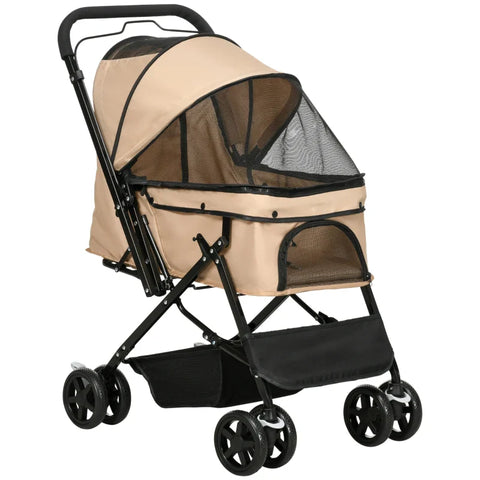Rootz Folding Dog Buggy - Pet Stroller - 1 Basket - 2 Brakes - Including Safety Leash - Light Brown - 76.5cm x 52cm x 95cm