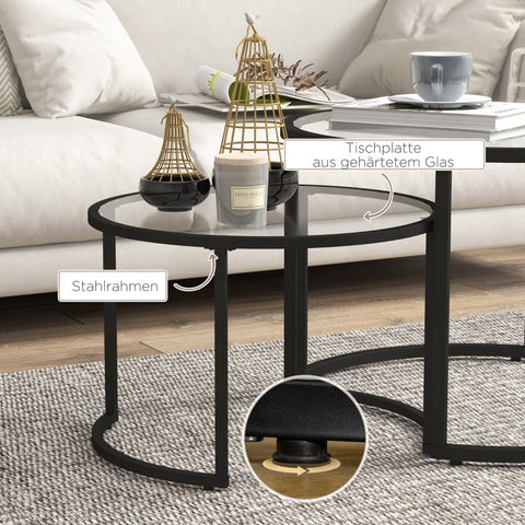 Rootz Set of 2 Side Tables - Industrial Design - Stackable Tables - Space-Saving - Durable & Easy to Clean - Stable Base - Ø70 x 47.5H cm (Large) & Ø54 x 42.5H cm (Small) - Steel & Tempered Glass