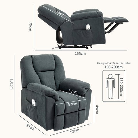 Rootz Electric Relax Chair - Massage Recliner - Upholstered Seat - Heat Function - USB Port - 135° Tilt - 88cm x 97cm x 101cm