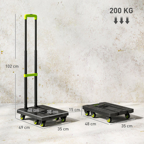Rootz Sack Truck - Foldable Hand Trolley - Metal Dolly - Adjustable Handle - Up to 200kg Load - 49 x 35 x 102 cm - Compact Storage - Green,Black