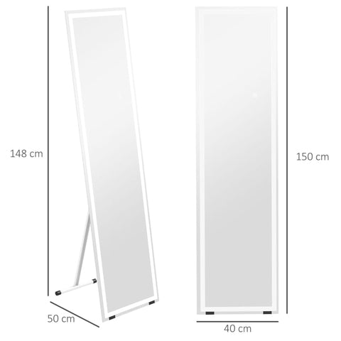 Rootz Standing Mirror - Wall Mirror - Full Body Mirror - With LEDs - Tempered Glass - White + Silver - 40 cm x 150 cm