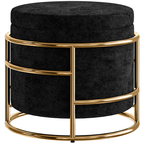 Rootz Sitting Stool with Storage - Foot Stool - Elegant Ottoman - Velvet Softness - Ø42 x 39h cm - Gold-Plated Frame - Black