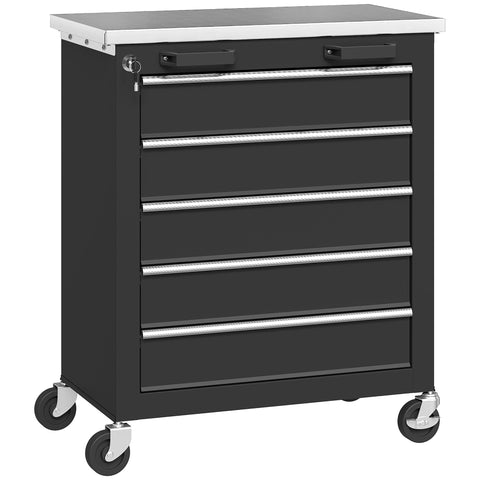 Rootz 5 Drawer Tool Cabinet – Rolling Tool Box – Steel Tool Trolley – Secure Storage – Organizes Tools – 65.5x34.5x76 cm – Silver + Black