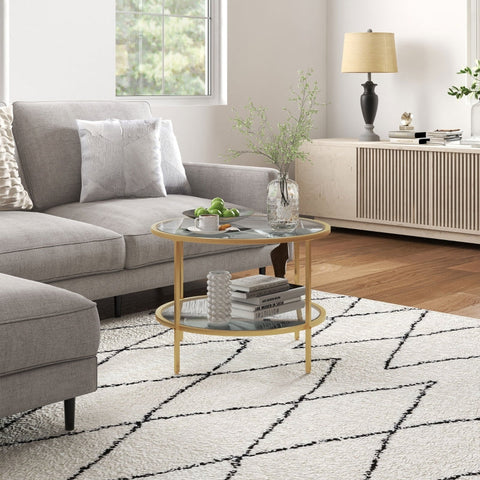 Rootz Side Table - Modern Bedside Table - Nightstand - Tempered Glass - Powder-Coated Steel - 60cm x 43cm - 2-Tier Shelf - Gold