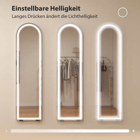 Rootz Full Length Mirror with LED Lights - Dressing Mirror - Vanity Mirror - Dimmable Lighting - Arch Shaped - White - 150 x 40 cm