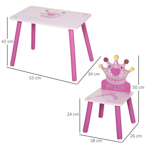 Rootz 3-Piece Children's Table & Chairs Set - Kids Furniture - Toddler Seating - Pink Pine & MDF - Injury-safe Design - 55x34x42cm Table - Crown Theme