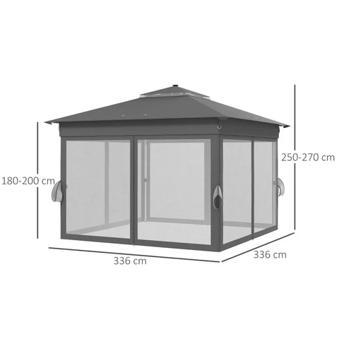 Rootz Garden Tent - Gazebo - Solar Powered - Ground Spikes - Carry Bag - LEDs Garden Tent - Steel - Oxford fabric - Gray - 336 Cm X 336 Cm X 270 Cm
