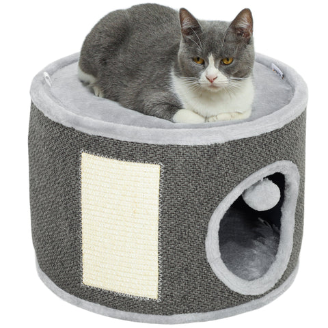 Rootz Cat Cave - 2 Tier Cat House - Plush Cushion - Sisal Scratching - Soft & Cozy Retreat - Ø40 x 30H cm - Grey