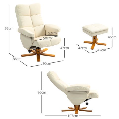 Rootz Cream White Recliner Chair Set - Relaxation Chair, Swivel Chair - Ultra Comfort - 80cm x 86cm x 99cm - Includes Stool with Storage