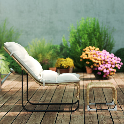 Rootz Rattan Relaxation Armchair with Foot Stool - Garden Armchair - Outdoor Lounge Chair - UV-Resistant - 65 x 93 x 80 cm