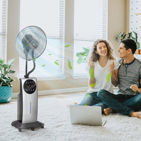Rootz 2-in-1 Ventilator - Pedestal Fan - Mist Fan - Adjustable Mist Levels - Aromatherapy Compatible - Programmable Timer - Ø 44.5 x 135H cm - Silver + Black