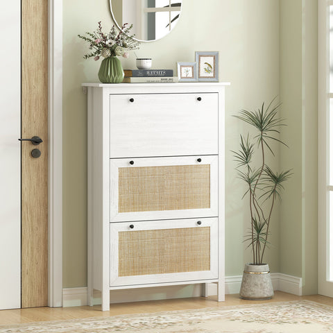 Rootz Shoe Cabinet - Shoe Storage - Rattan Network Cabinet - Holds 18 Pairs - Brown- Chipboard - 80x23.5x121.5cm