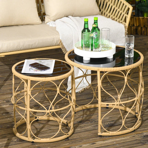 Rootz Garden Tables Set - 2 Garden Tables - Outdoor Side Tables - Boho Style - Large Side Table - PE Rattan-Tempered glass - Black - Natural - 55 Cm X 55 Cm X 51 Cm
