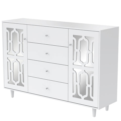 Rootz White Mirrored Sideboard - Luxury Storage Unit - Elegant Cabinet - Crystal Handles - Easy Assembly - 147.5L x 40W x 102H cm