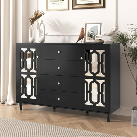 Rootz Black Mirrored Sideboard - Buffet Cabinet - Storage Unit - Crystal Handles - 147.5cm x 40cm x 102cm