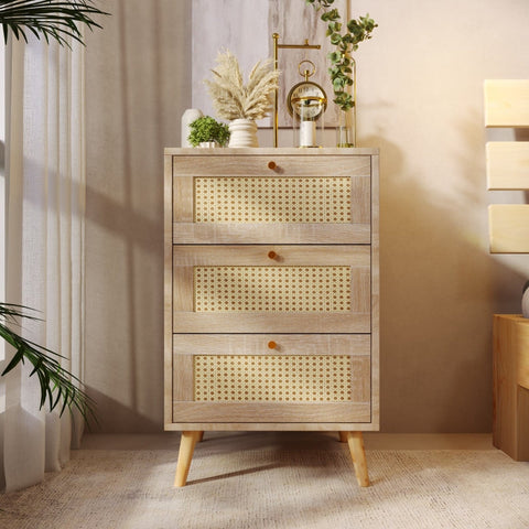 Rootz Oak Effect 3 Drawer Chest - Rattan Dresser - Bedroom Storage - Durable Design - 79.5H x 48.6W x 48.5D cm