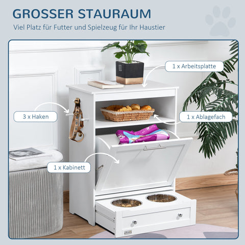 Rootz Feeding Station for Pets - Storage Cabinet - Pet Supplies Organizer - Strong MDF Build - 61cm x 35.5cm x 82cm - White